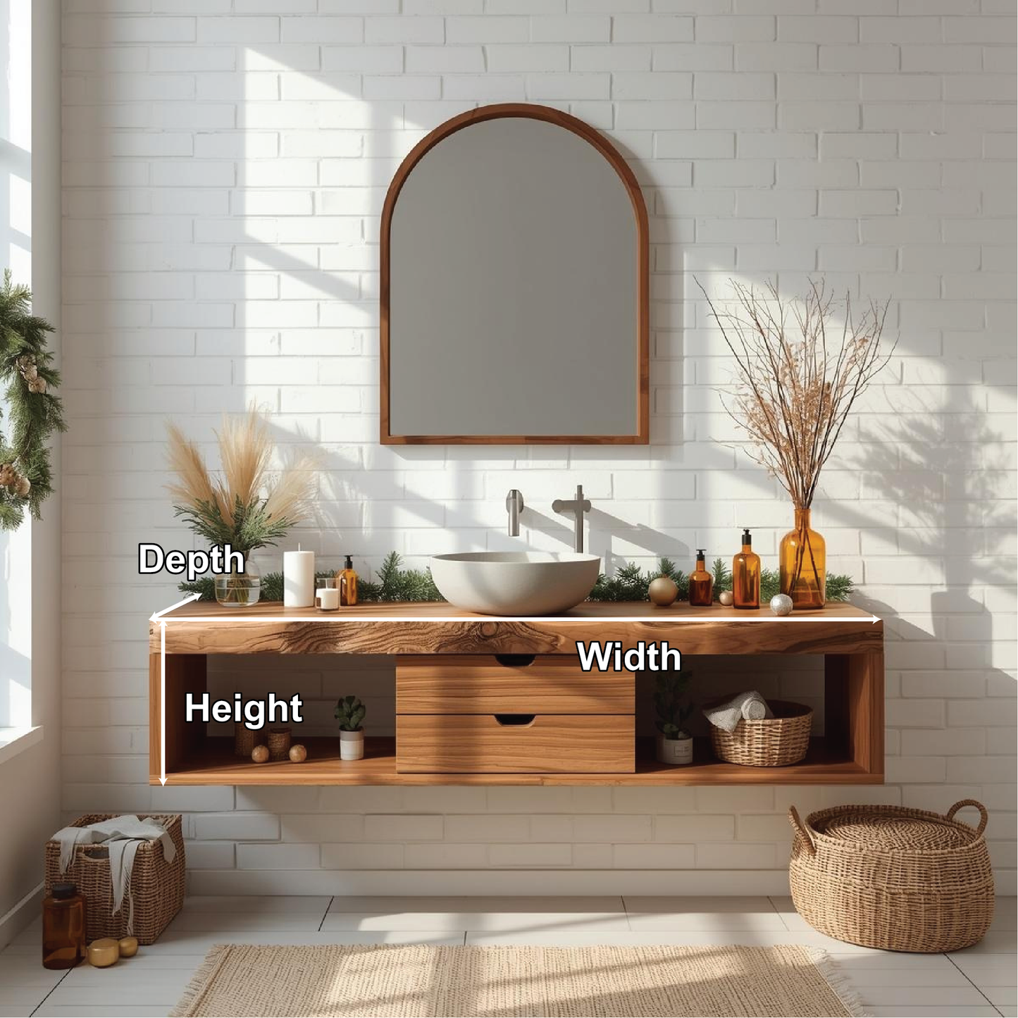 Handcrafted Solid Wood Floating Bathroom Vanity with Center Drawer and Natural Live Edge Design Kitchnce