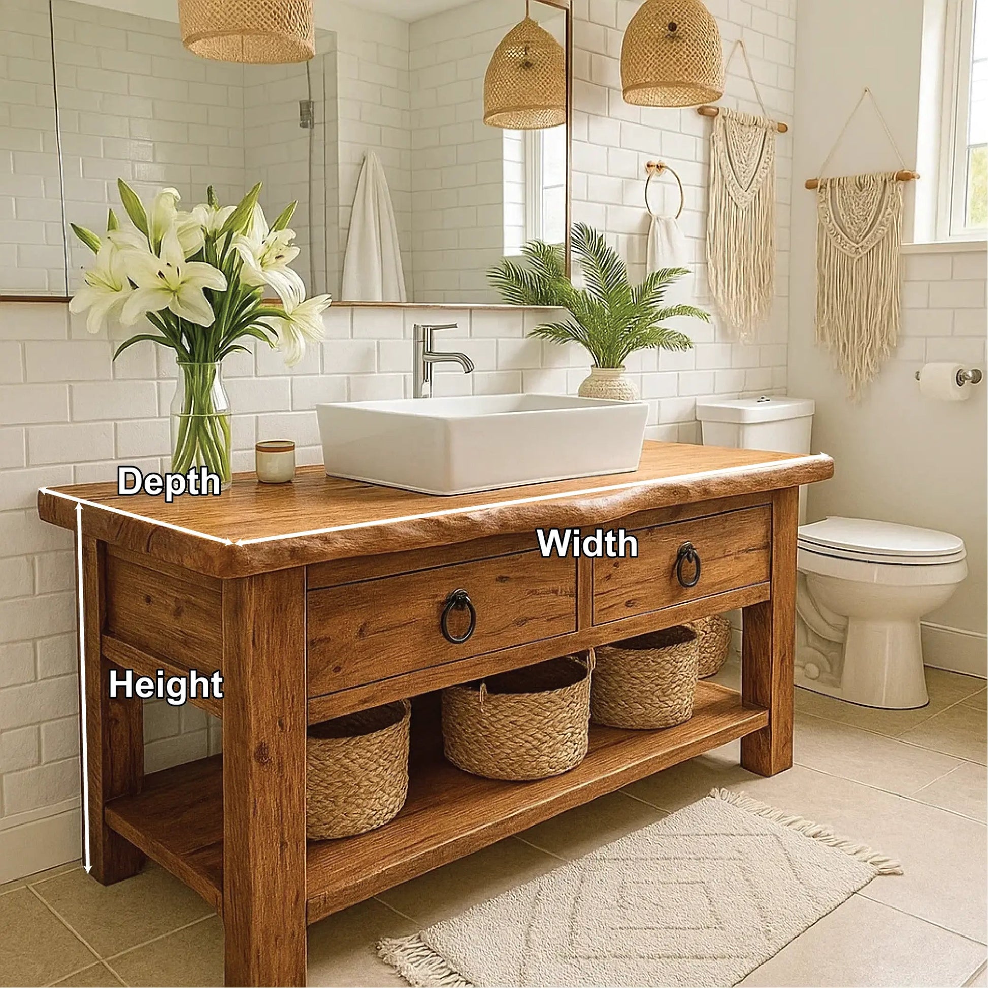 Handcrafted Solid Wood Bathroom Vanity with Drawers and Open Shelf in Natural Rustic Finish Kitchnce