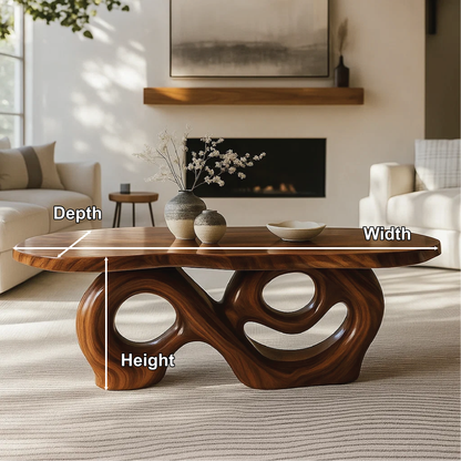 Handcrafted Solid Wood Coffee Table with Artistic Curved Base and Organic Sculptural Design Kitchnce
