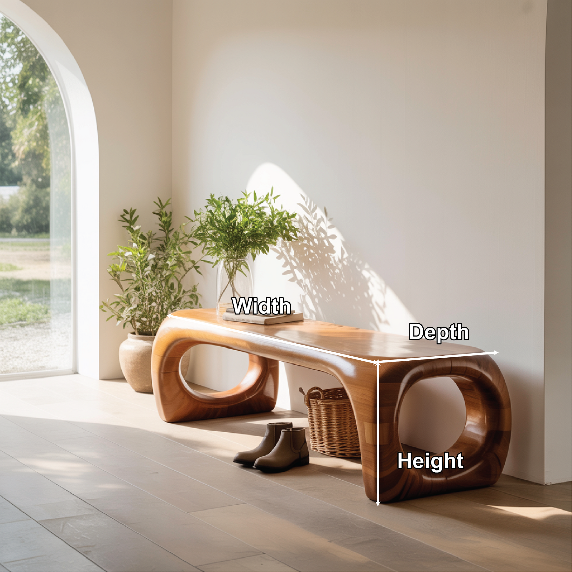 Handcrafted Solid Wood Entryway Bench with Modern Sculpted Organic Frame and Polished Finish Kitchnce