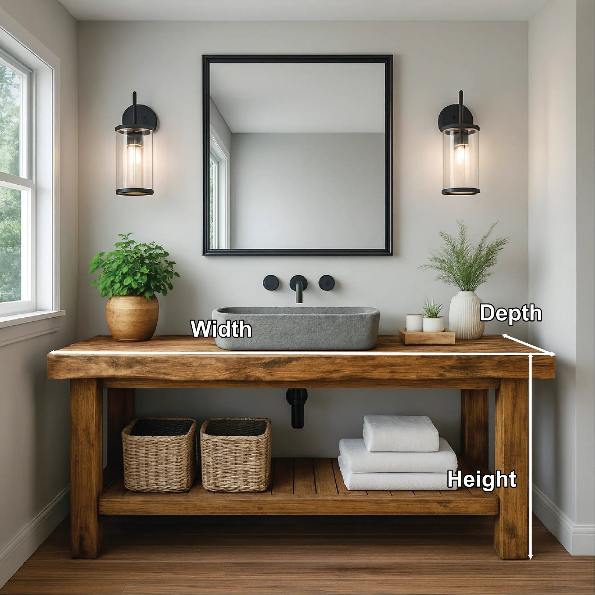 Rustic Solid Wood Bathroom Vanity with Slatted Shelf and Natural Finish for Handcrafted Interiors Kitchnce
