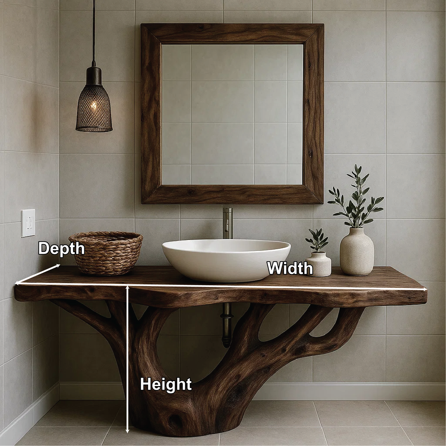Handcrafted Solid Wood Bathroom Vanity with Organic Tree-Inspired Base and Natural Finish Kitchnce