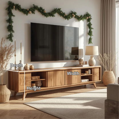 Handcrafted Solid Wood TV Stand with Sliding Doors and Mid-Century Modern Minimalist Design Kitchnce