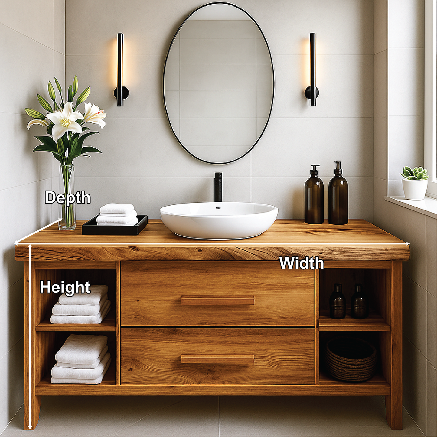 Handcrafted Solid Wood Bathroom Vanity with Drawers and Open Shelves for Modern Interiors Kitchnce