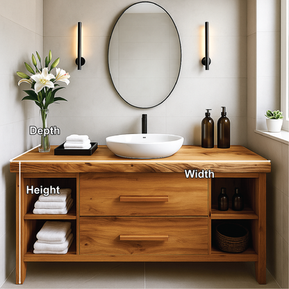Handcrafted Solid Wood Bathroom Vanity with Drawers and Open Shelves for Modern Interiors Kitchnce