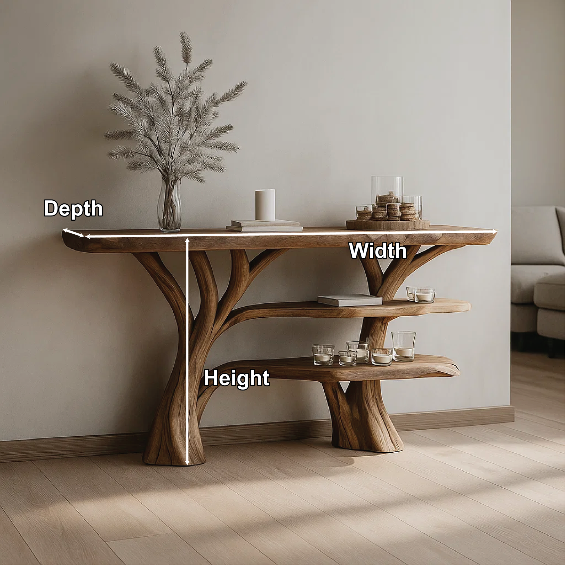 Handcrafted Solid Wood Tree Console Table with Multi-Tier Organic Design for Modern Interiors Kitchnce