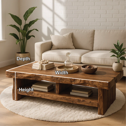 Handcrafted Solid Wood Coffee Table with Live Edge Design and Double Shelf for Storage Kitchnce