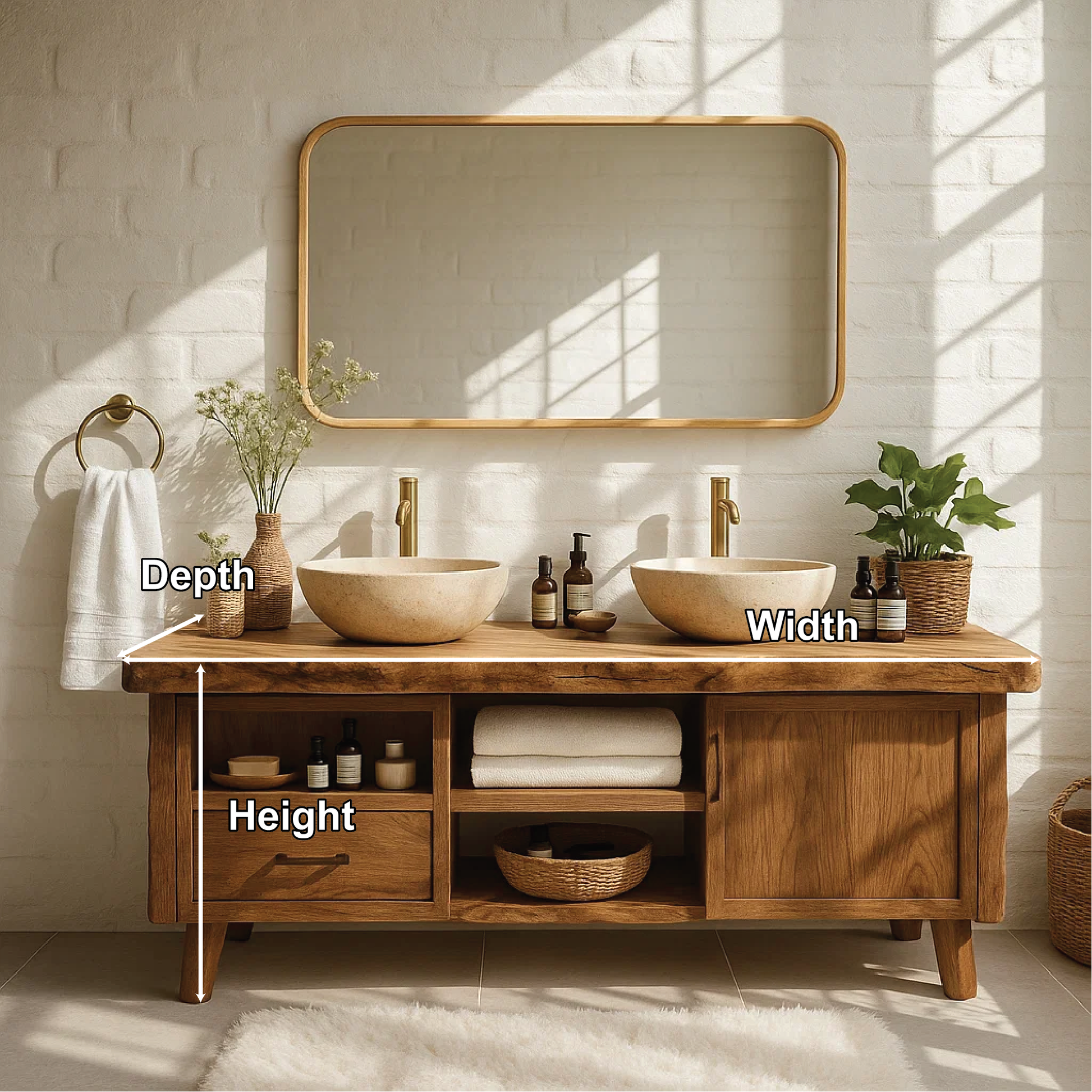 Handcrafted Solid Wood Double Bathroom Vanity with Live Edge Countertop and Modern Legs Kitchnce