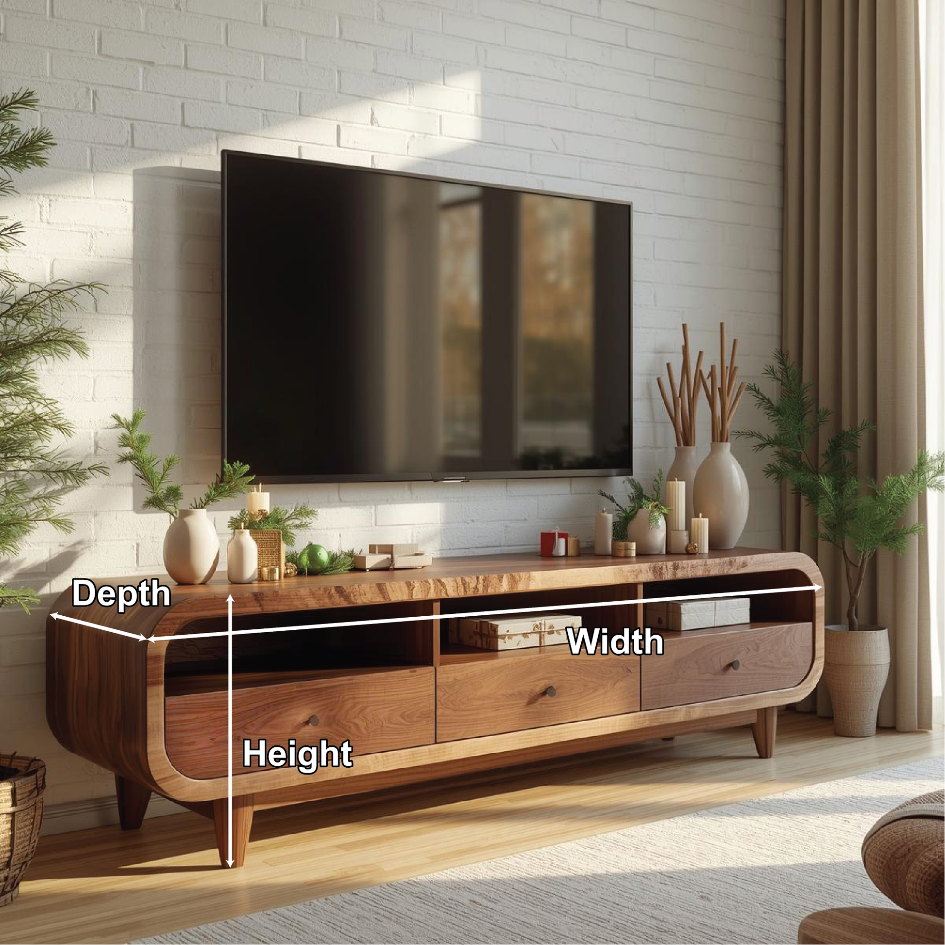 Handcrafted Solid Wood TV Stand with Rounded Edges and Natural Finish for Contemporary Living Rooms Kitchnce