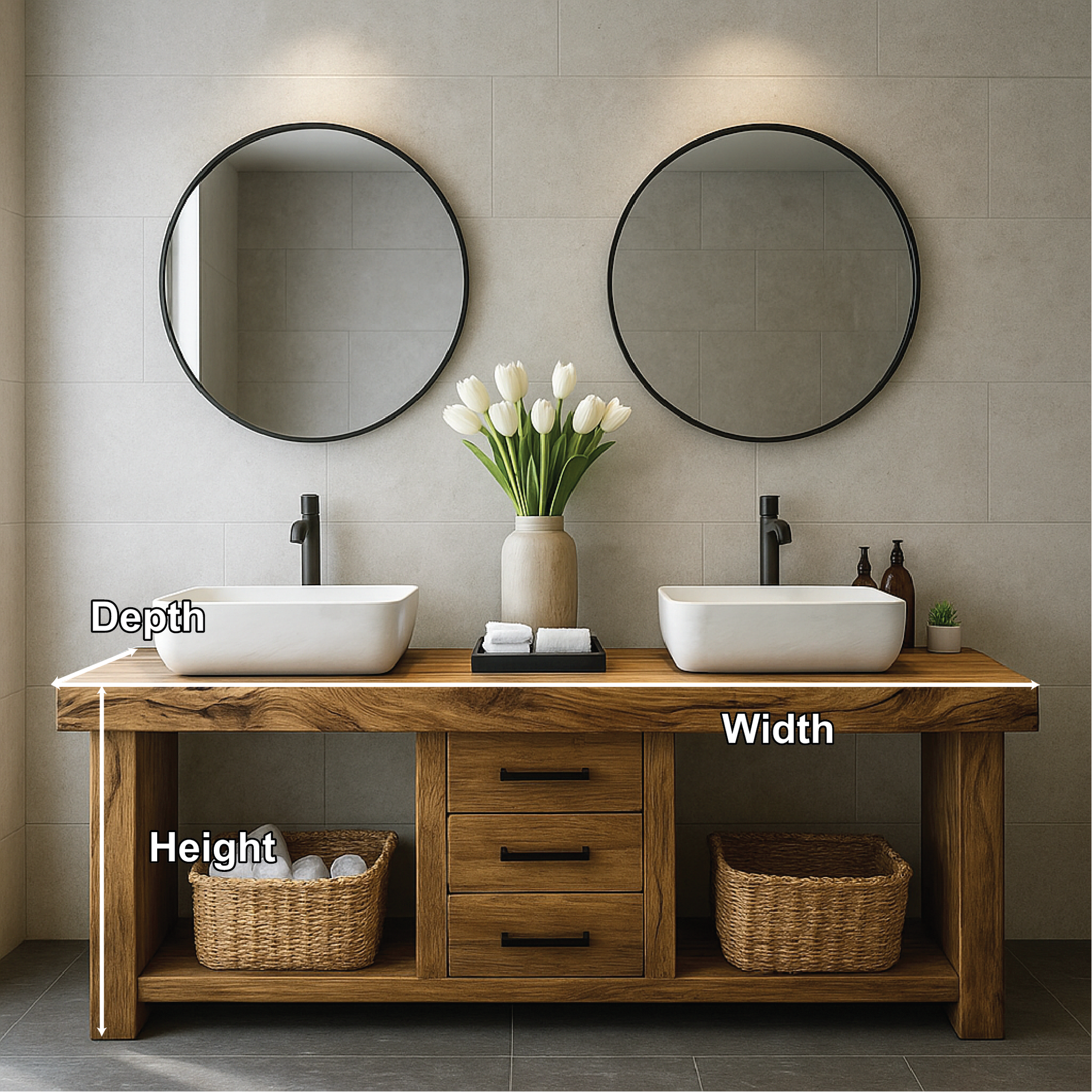 Handcrafted Solid Wood Double Sink Bathroom Vanity with Central Drawers and Natural Finish Kitchnce