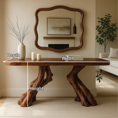 Handcrafted Solid Wood Console Table with Twin Root Base and Smooth Natural Finish Design Kitchnce