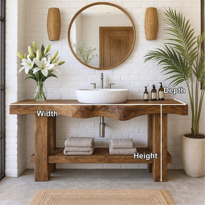 Handcrafted Solid Wood Bathroom Vanity with Organic Curved Edge and Open Shelf for Modern Homes Kitchnce