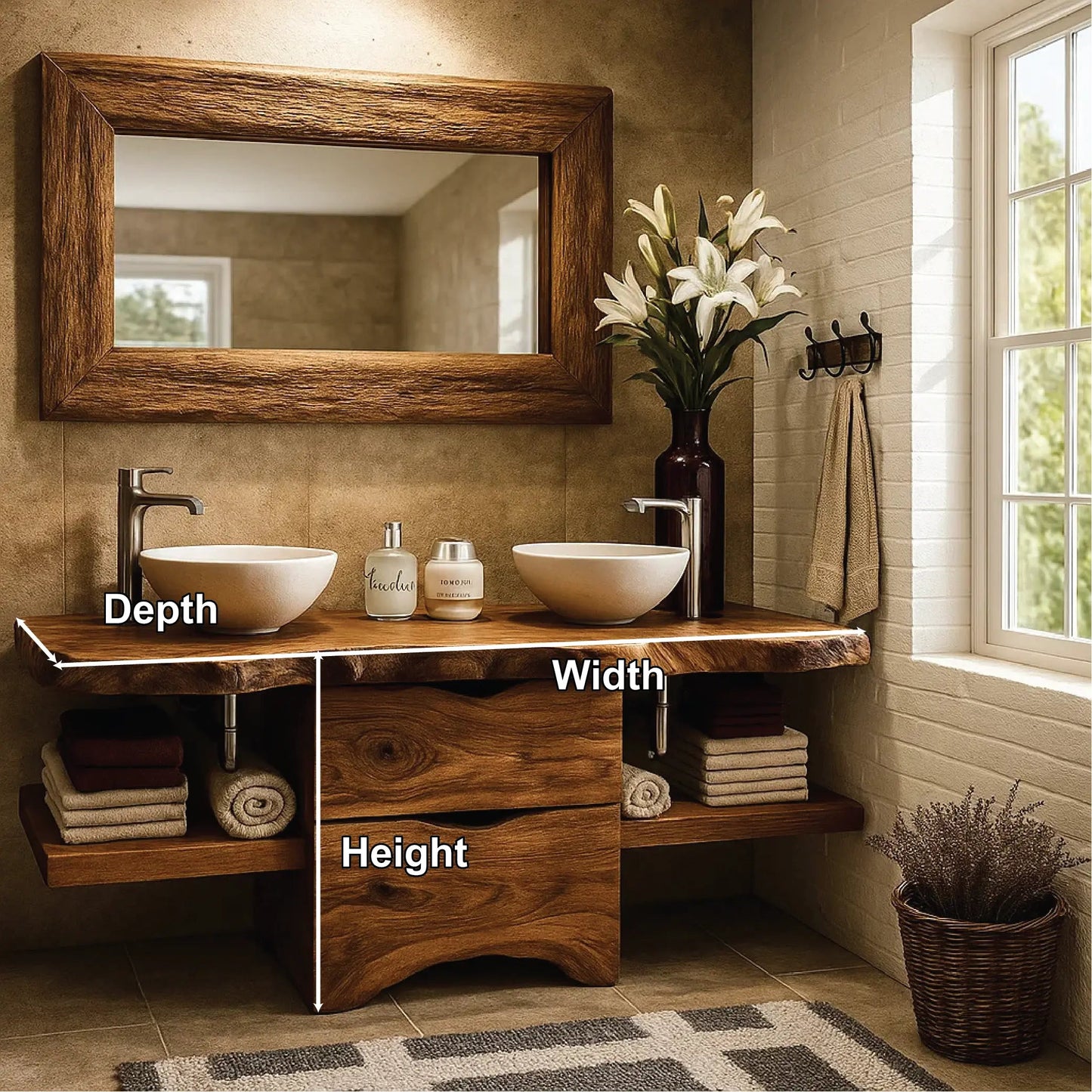 Handcrafted Double Bathroom Vanity in Solid Wood with Live Edge Top and Central Storage Drawers Kitchnce