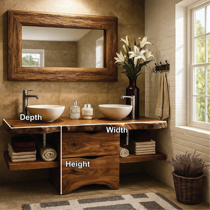 Handcrafted Double Bathroom Vanity in Solid Wood with Live Edge Top and Central Storage Drawers Kitchnce