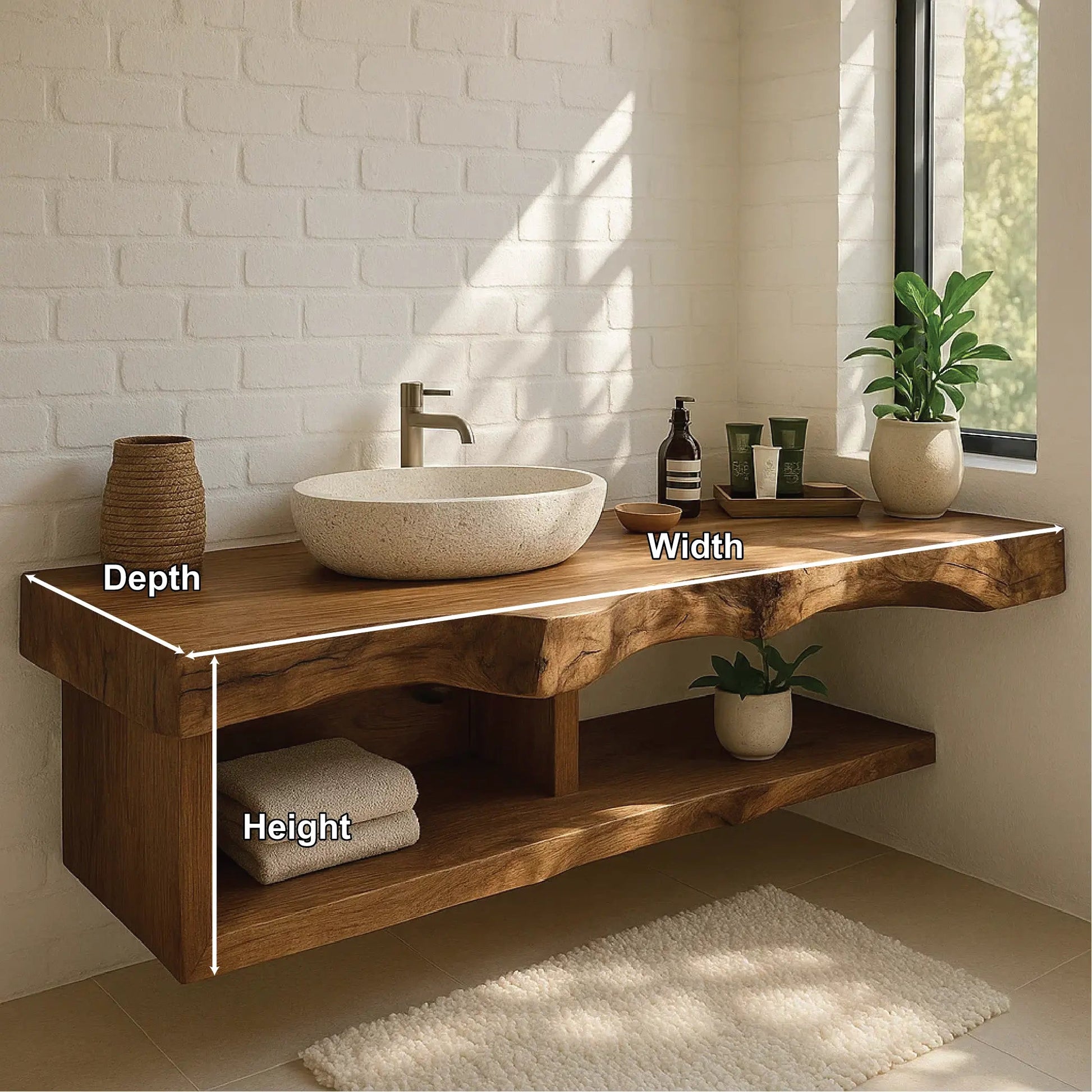Handcrafted Solid Wood Floating Vanity with Natural Live Edge and Open Shelf Design Kitchnce