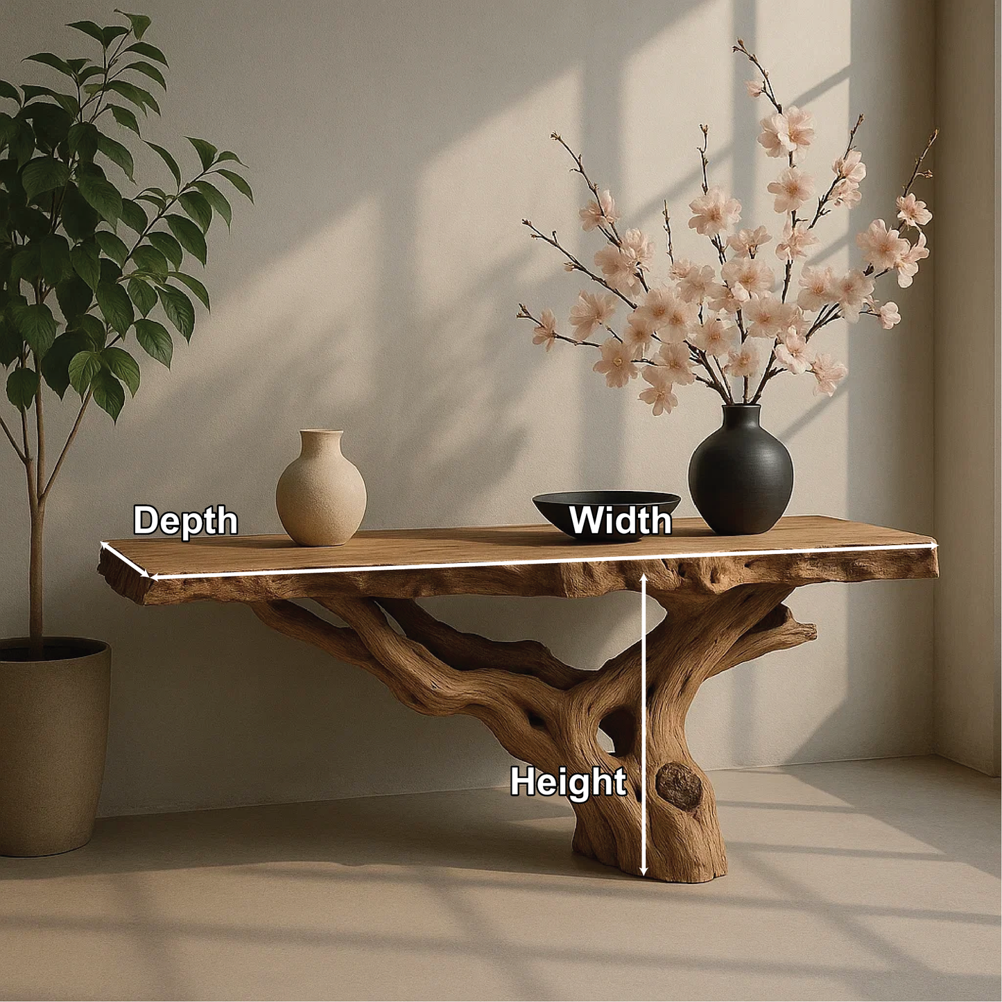 Handcrafted Solid Wood Console Table with Natural Root Base and Organic Live Edge Design Kitchnce