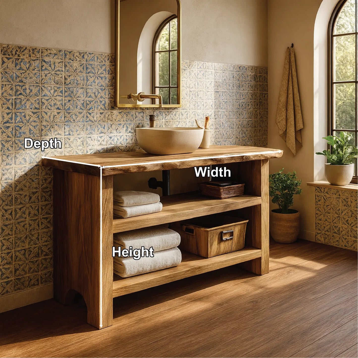 Handcrafted Solid Wood Bathroom Vanity with Live Edge Design and Rustic Open Shelf Storage Kitchnce