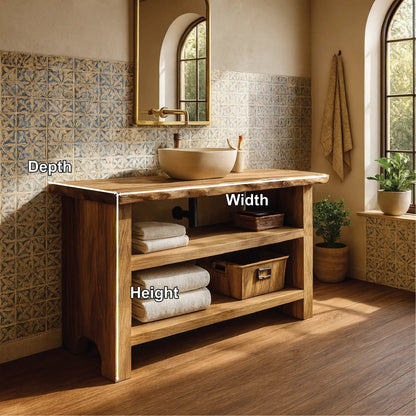 Handcrafted Solid Wood Bathroom Vanity with Live Edge Design and Rustic Open Shelf Storage Kitchnce