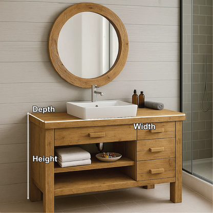 Handcrafted Solid Wood Bathroom Vanity with Drawers and Open Shelf in Natural Minimalist Style Kitchnce