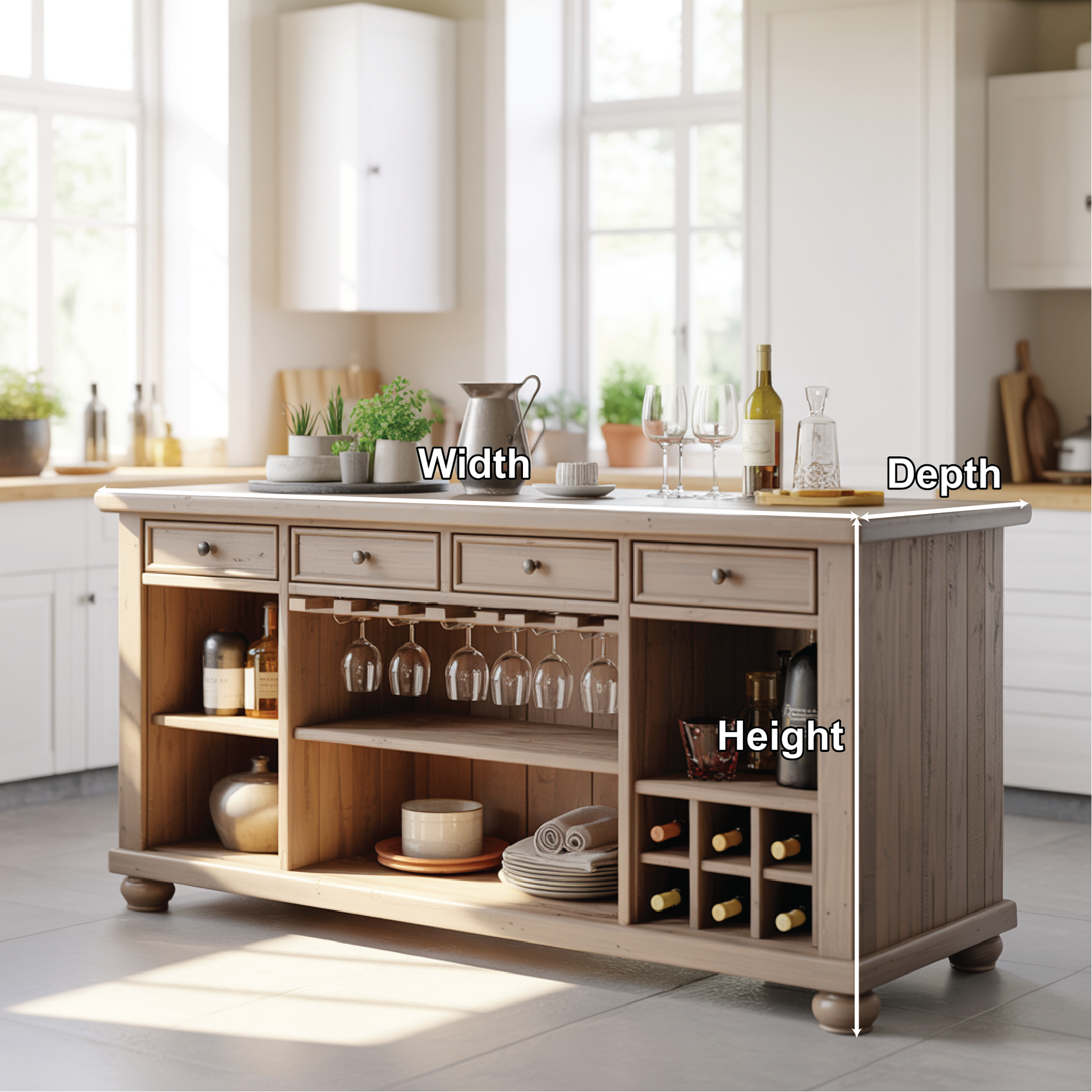 Handcrafted Solid Wood Kitchen Island with Wine Storage, Drawers, and Open Shelving Kitchnce