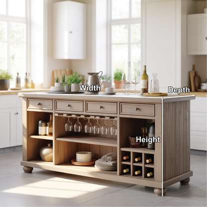Handcrafted Solid Wood Kitchen Island with Wine Storage, Drawers, and Open Shelving Kitchnce