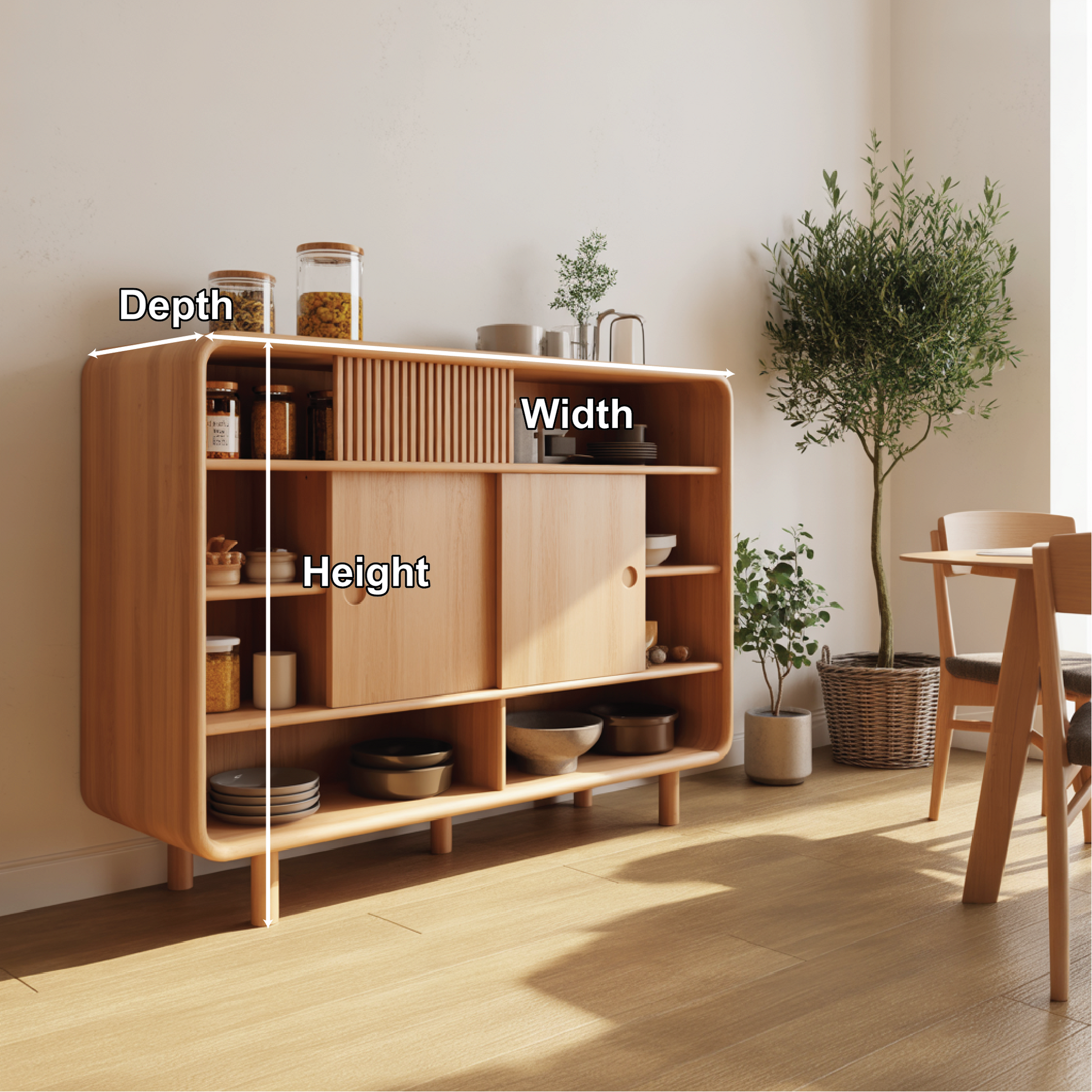 Solid Wood Console Table with Sliding Doors - Modern Storage Cabinet with Open Shelves Kitchnce