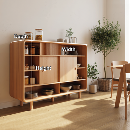 Solid Wood Console Table with Sliding Doors - Modern Storage Cabinet with Open Shelves Kitchnce