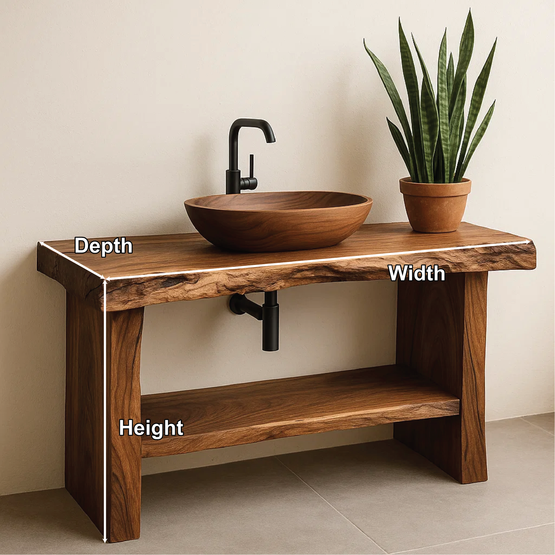 Handcrafted Live Edge Solid Wood Bathroom Vanity with Natural Finish and Open Storage Shelf Kitchnce