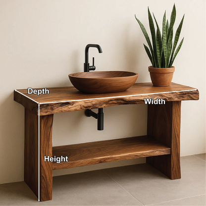 Handcrafted Live Edge Solid Wood Bathroom Vanity with Natural Finish and Open Storage Shelf Kitchnce