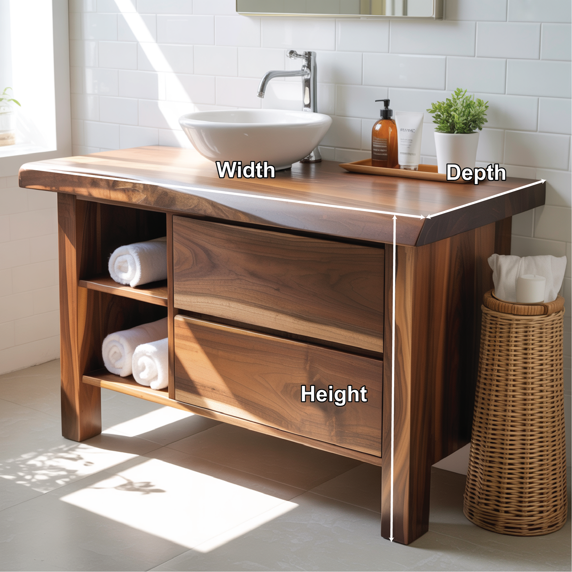 Handcrafted Solid Wood Bathroom Vanity with Live-Edge Countertop and Modern Open Shelf Storage Kitchnce