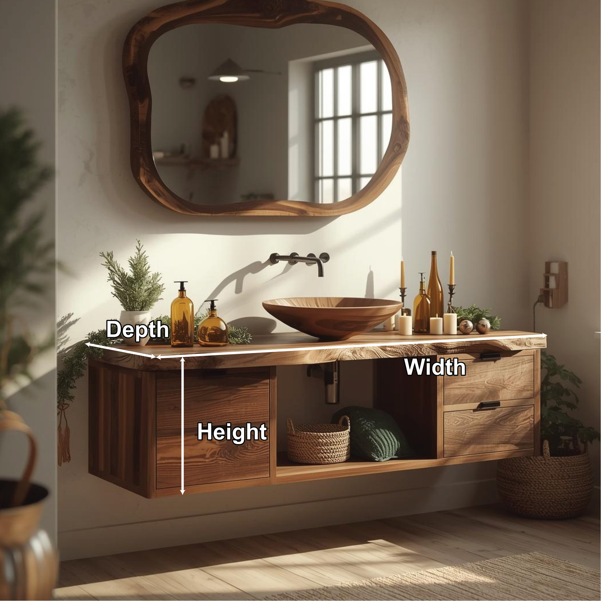 Handcrafted Solid Wood Floating Bathroom Vanity with Live Edge Countertop and Natural Mirror Kitchnce