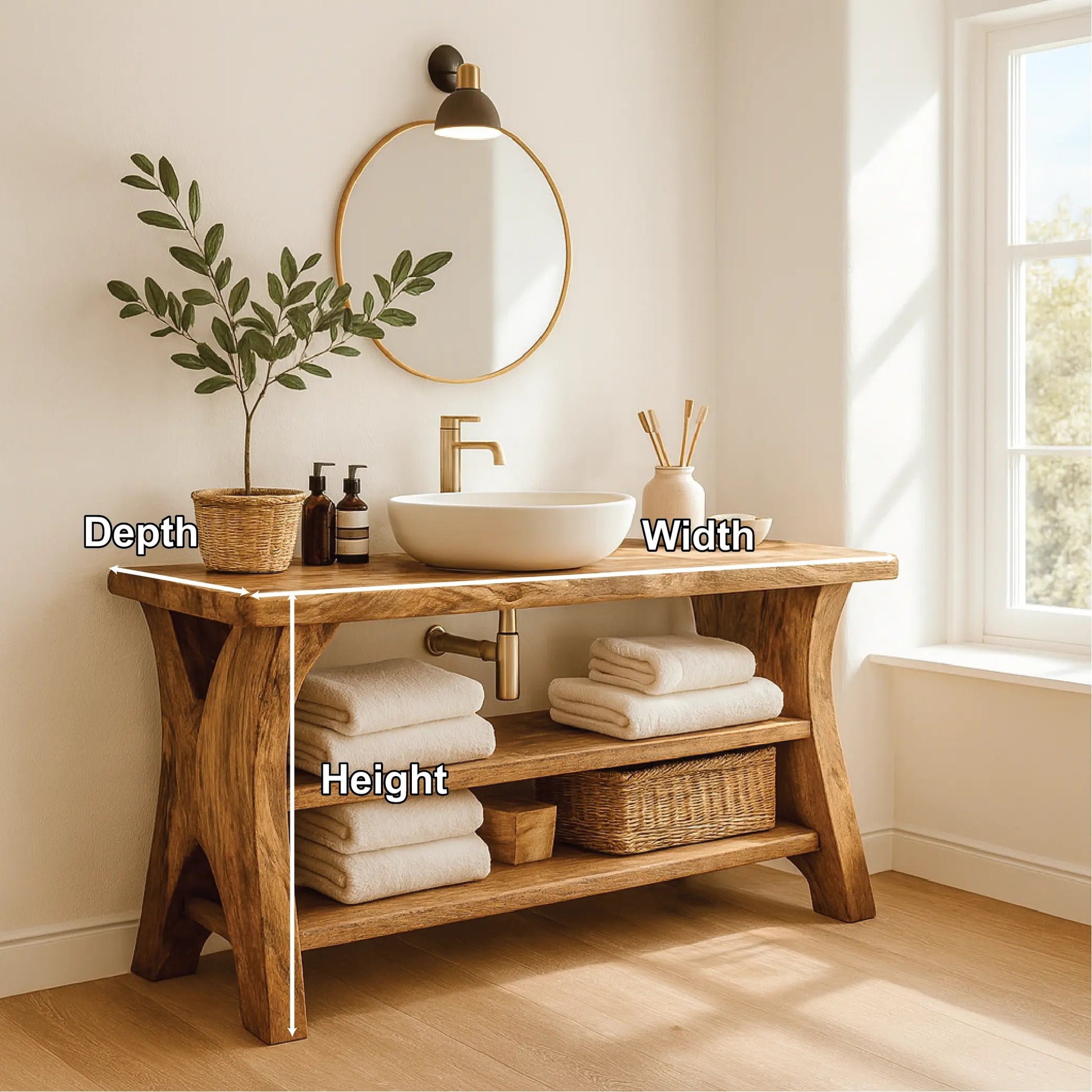 Handcrafted Solid Wood Bathroom Vanity with Natural Live Edge and Open Storage Shelf Design Kitchnce