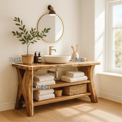 Handcrafted Solid Wood Bathroom Vanity with Natural Live Edge and Open Storage Shelf Design Kitchnce