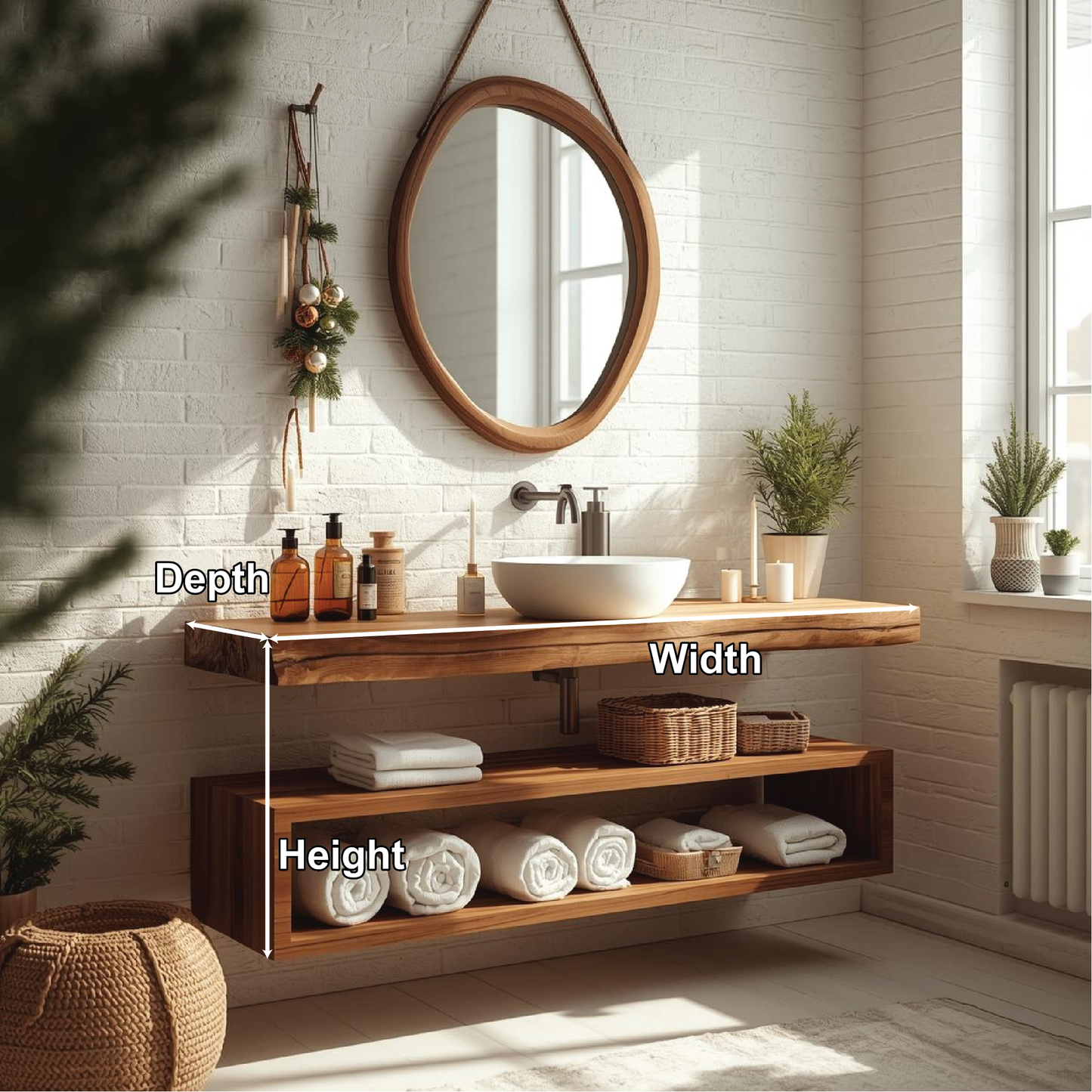 Handcrafted Solid Wood Floating Bathroom Vanity with Live Edge Countertop and Open Storage Shelf Kitchnce
