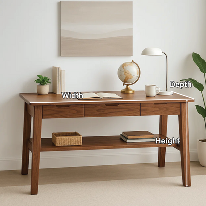 Handcrafted Solid Wood Writing Desk – Minimalist Work Table with Drawers and Open Shelf Design Kitchnce