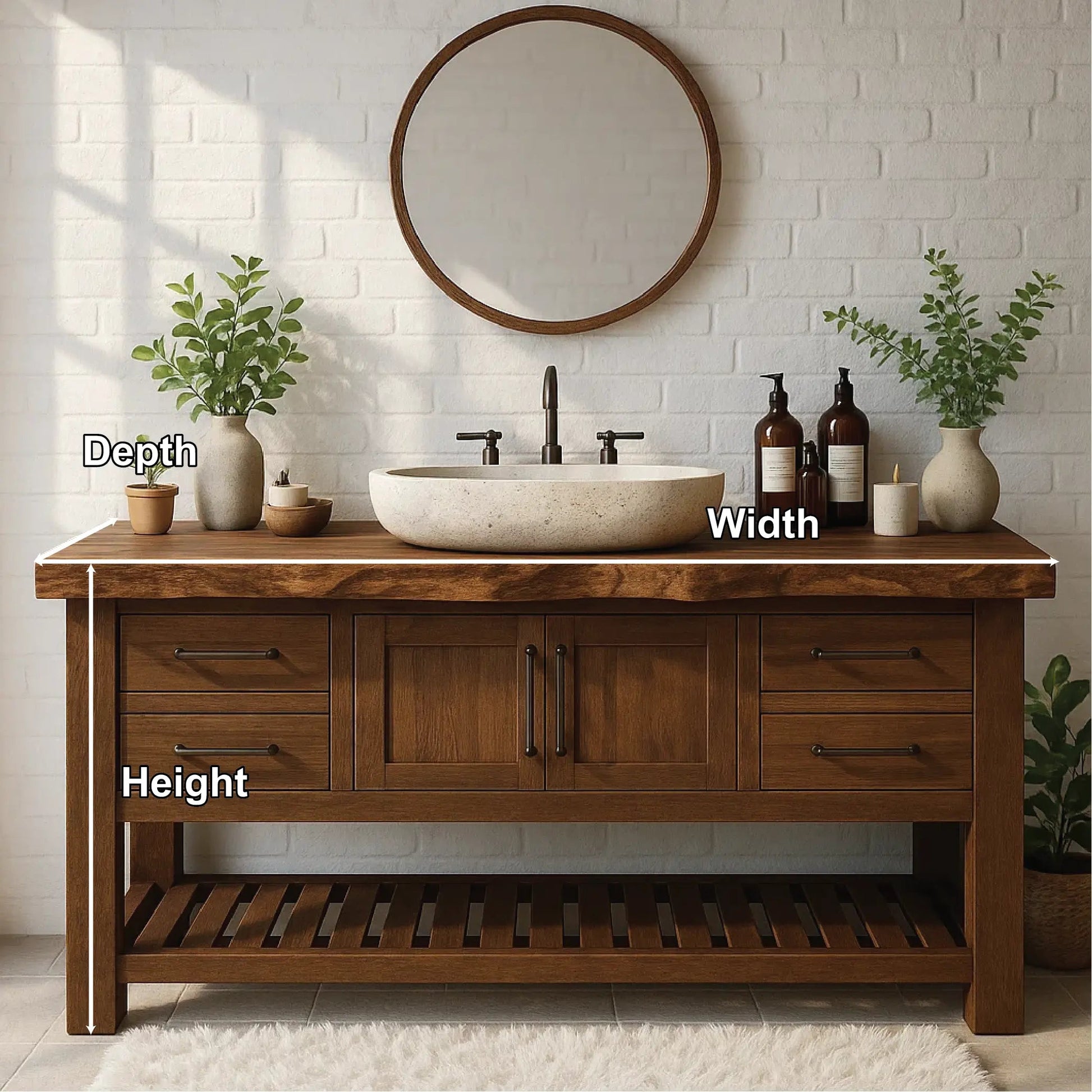 Rustic Solid Wood Bathroom Vanity with Live Edge Top and Modern Farmhouse Storage Design Kitchnce