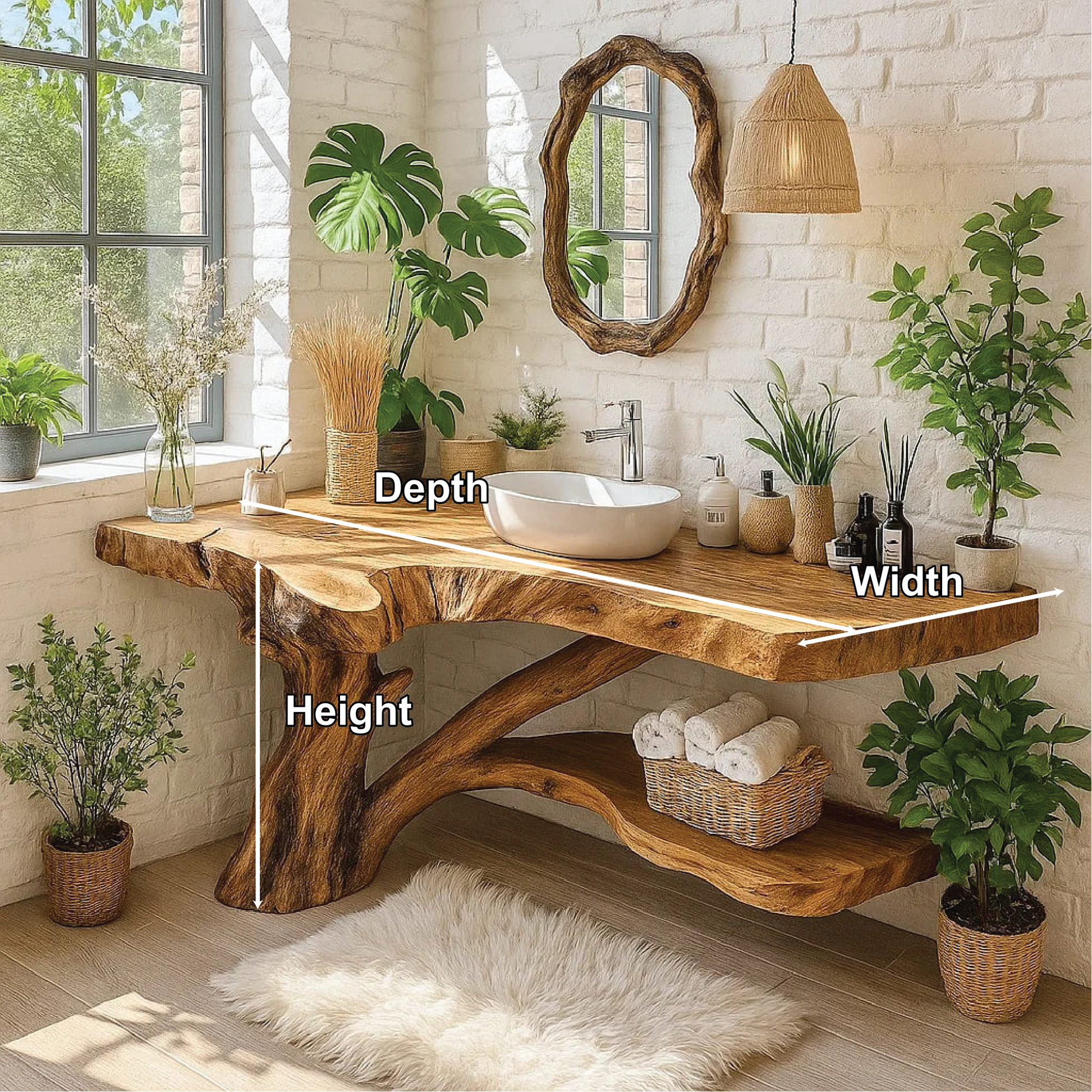 Handcrafted Solid Wood Bathroom Vanity with Natural Tree Trunk Base and Live Edge Design Kitchnce
