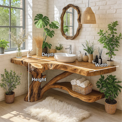Handcrafted Solid Wood Bathroom Vanity with Natural Tree Trunk Base and Live Edge Design Kitchnce