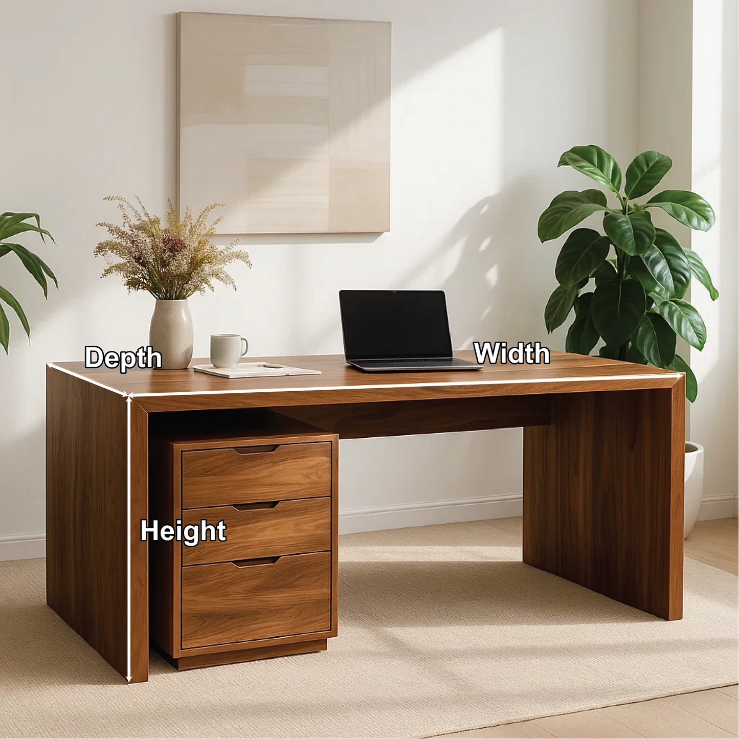 Handcrafted Solid Wood Work Desk – Minimalist Executive Office Table with 3-Drawer Storage Kitchnce