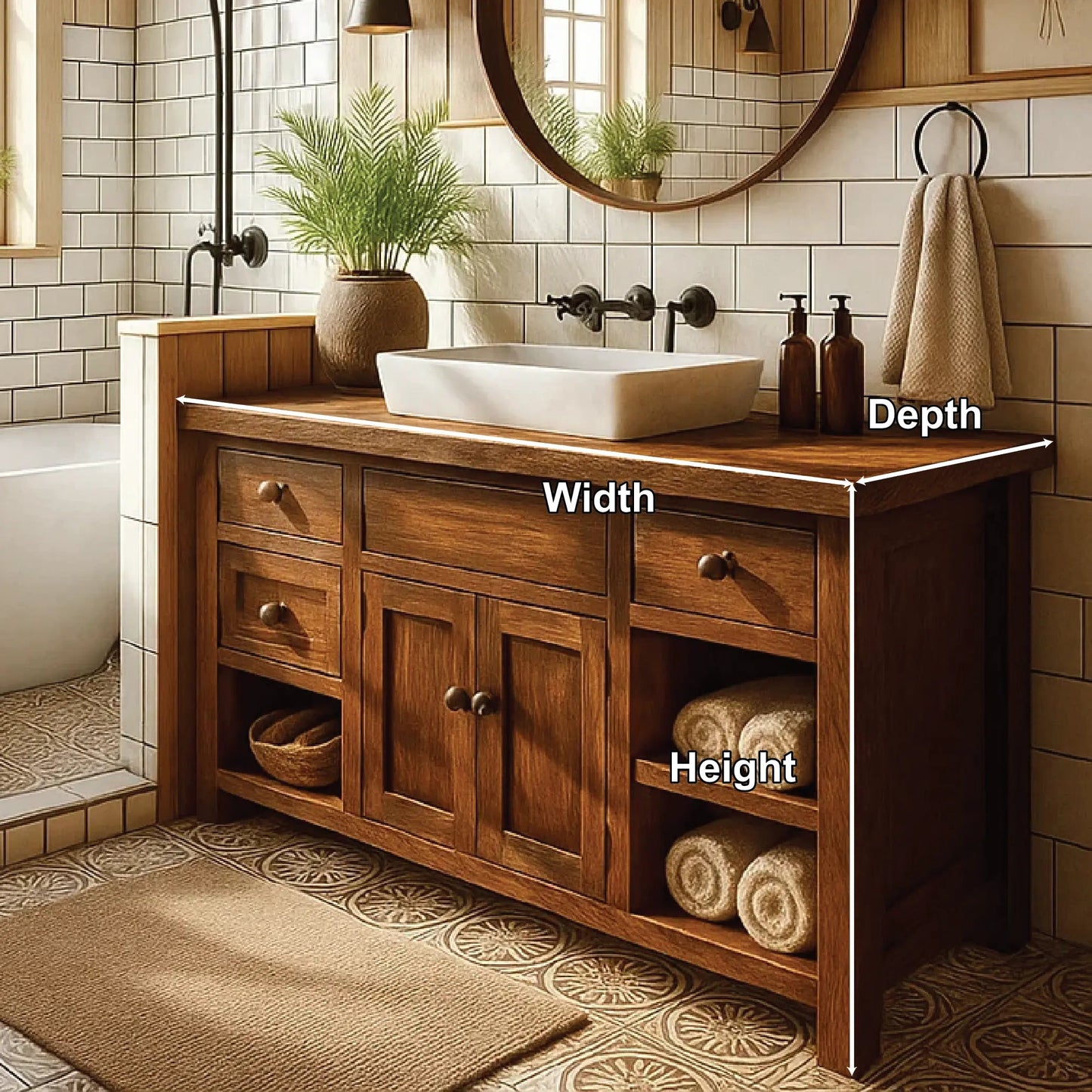 Handcrafted Solid Wood Bathroom Vanity with Drawers and Open Shelves in Warm Walnut Finish Kitchnce