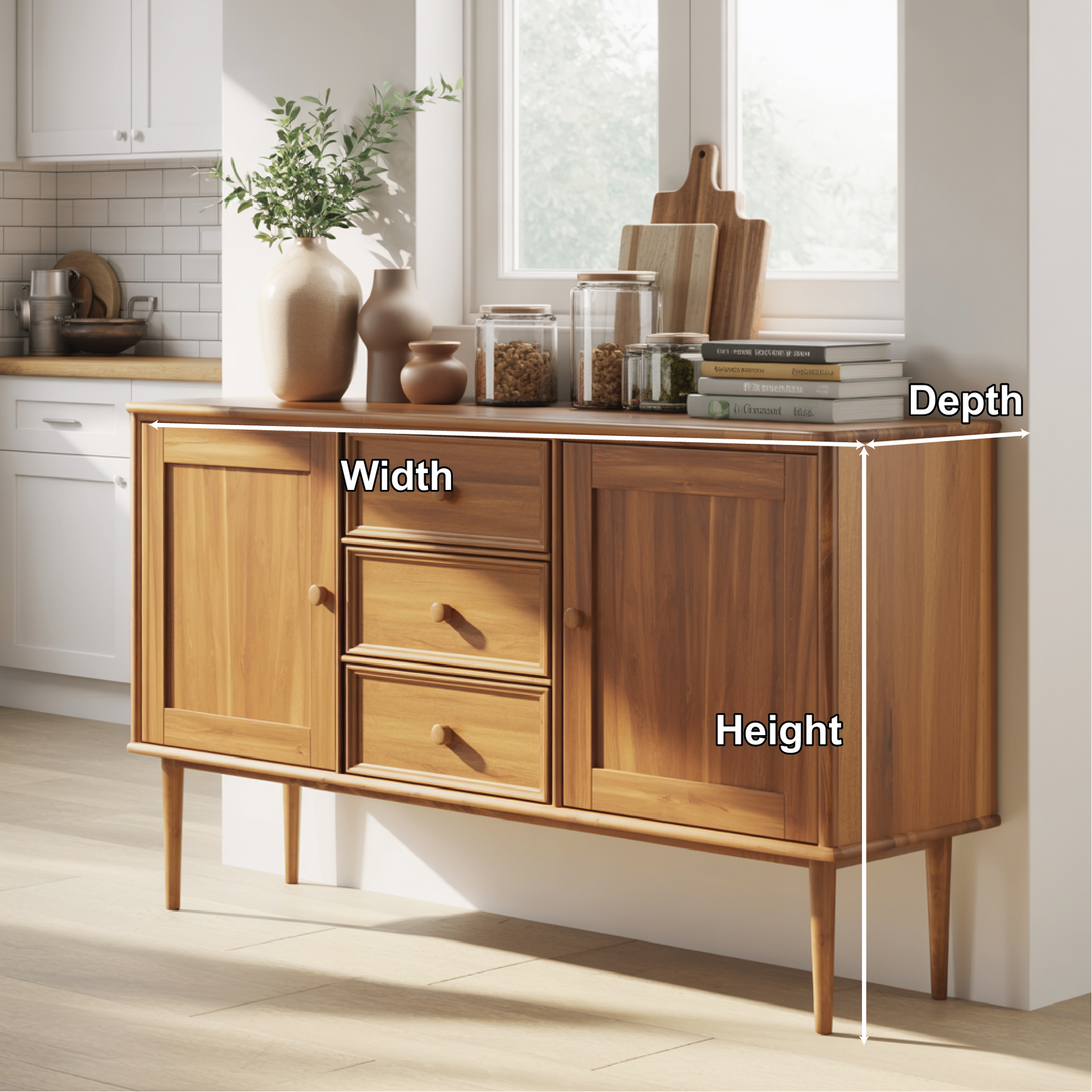 Handcrafted Solid Wood Dining Storage Sideboard with Raised Leg Design and Smooth Drawer Fronts Kitchnce
