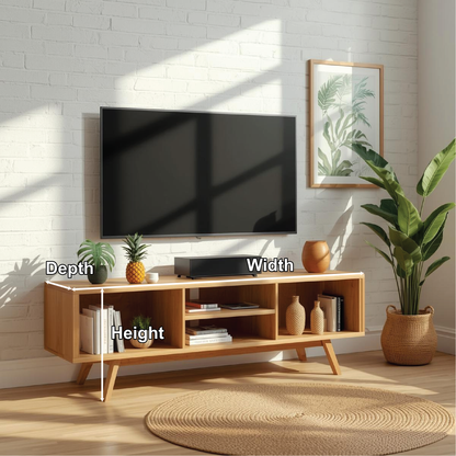Handcrafted Solid Wood TV Stand with Open Shelving and Mid-Century Modern Minimalist Design Kitchnce