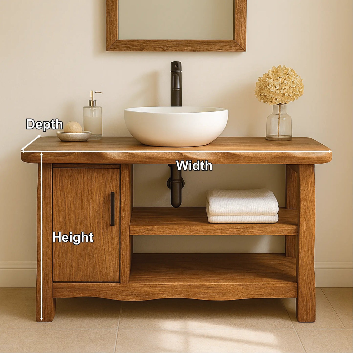 Handcrafted Solid Wood Bathroom Vanity with Cabinet and Open Shelves for Natural Minimal Interiors Kitchnce