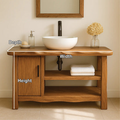 Handcrafted Solid Wood Bathroom Vanity with Cabinet and Open Shelves for Natural Minimal Interiors Kitchnce