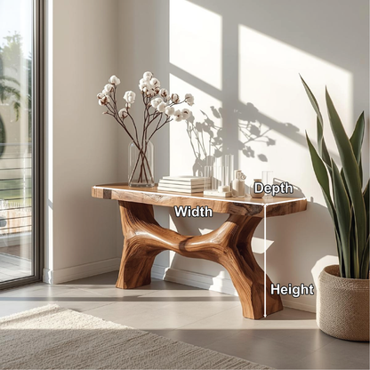 Handcrafted Solid Wood Console Table with Sculptural Base and Natural Live Edge Design Kitchnce