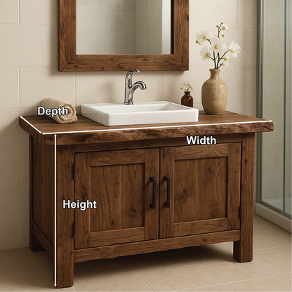 Rustic Handcrafted Solid Wood Bathroom Vanity with Natural Live Edge Top and Double Doors Kitchnce