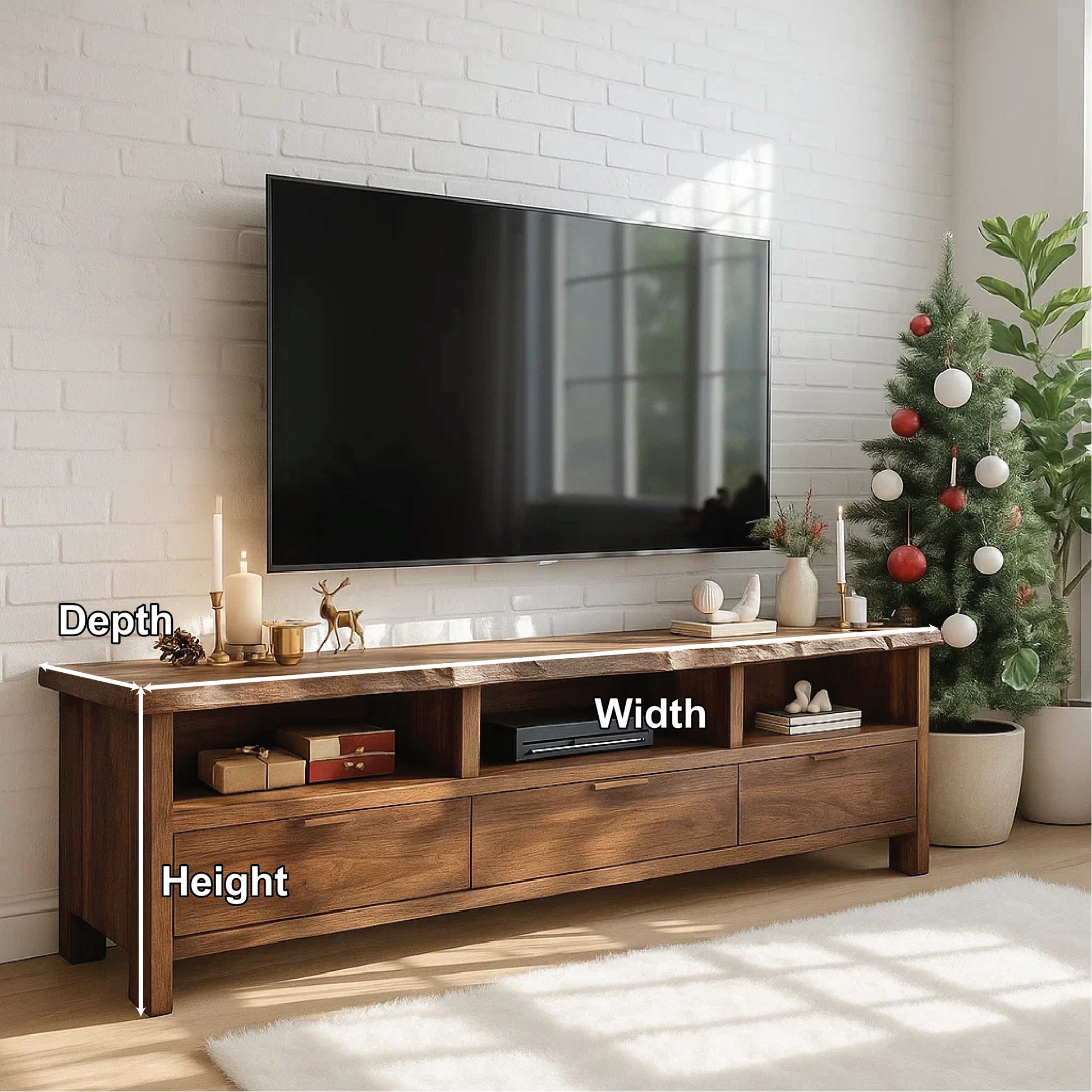 Handcrafted Solid Wood TV Stand with Live Edge Design and Storage Drawers for Modern Interiors Kitchnce