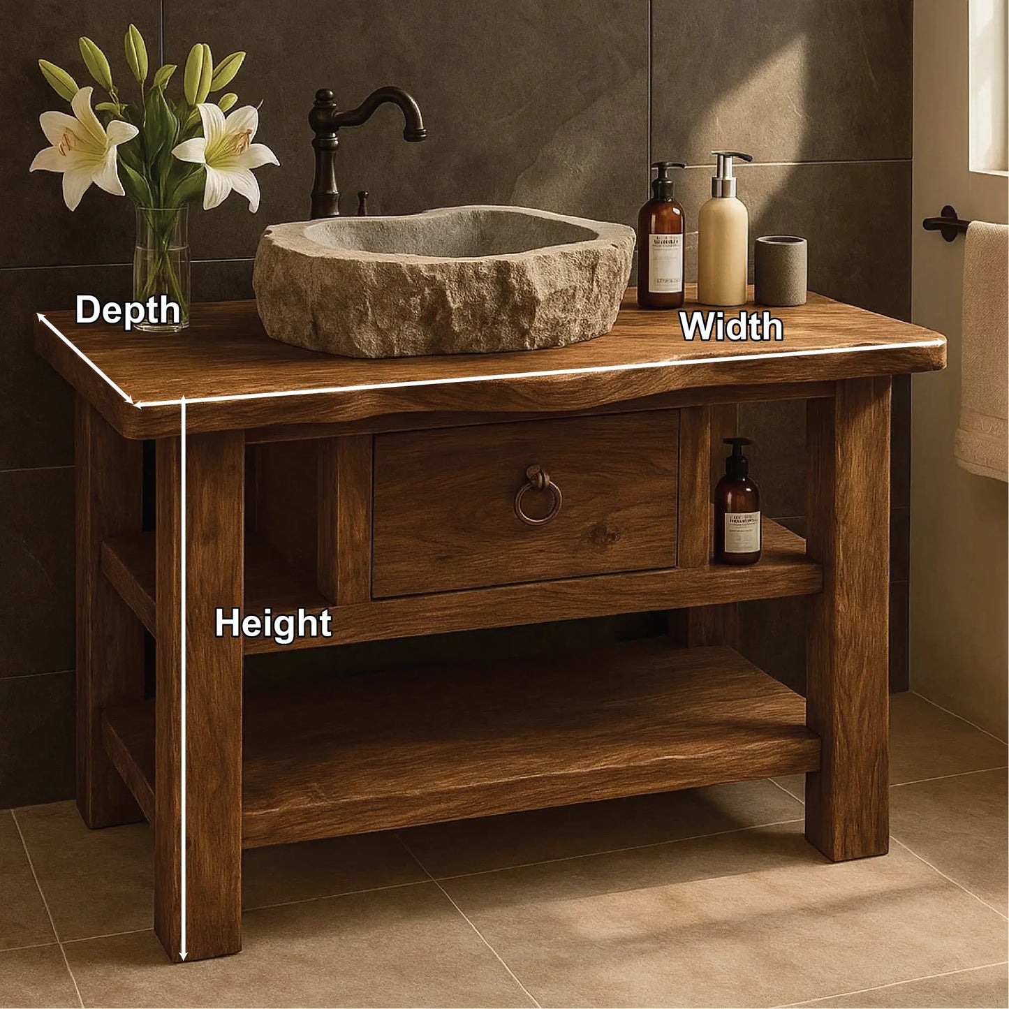 Handcrafted Solid Wood Bathroom Vanity with Drawer and Shelves for Rustic Natural Interior Design Kitchnce