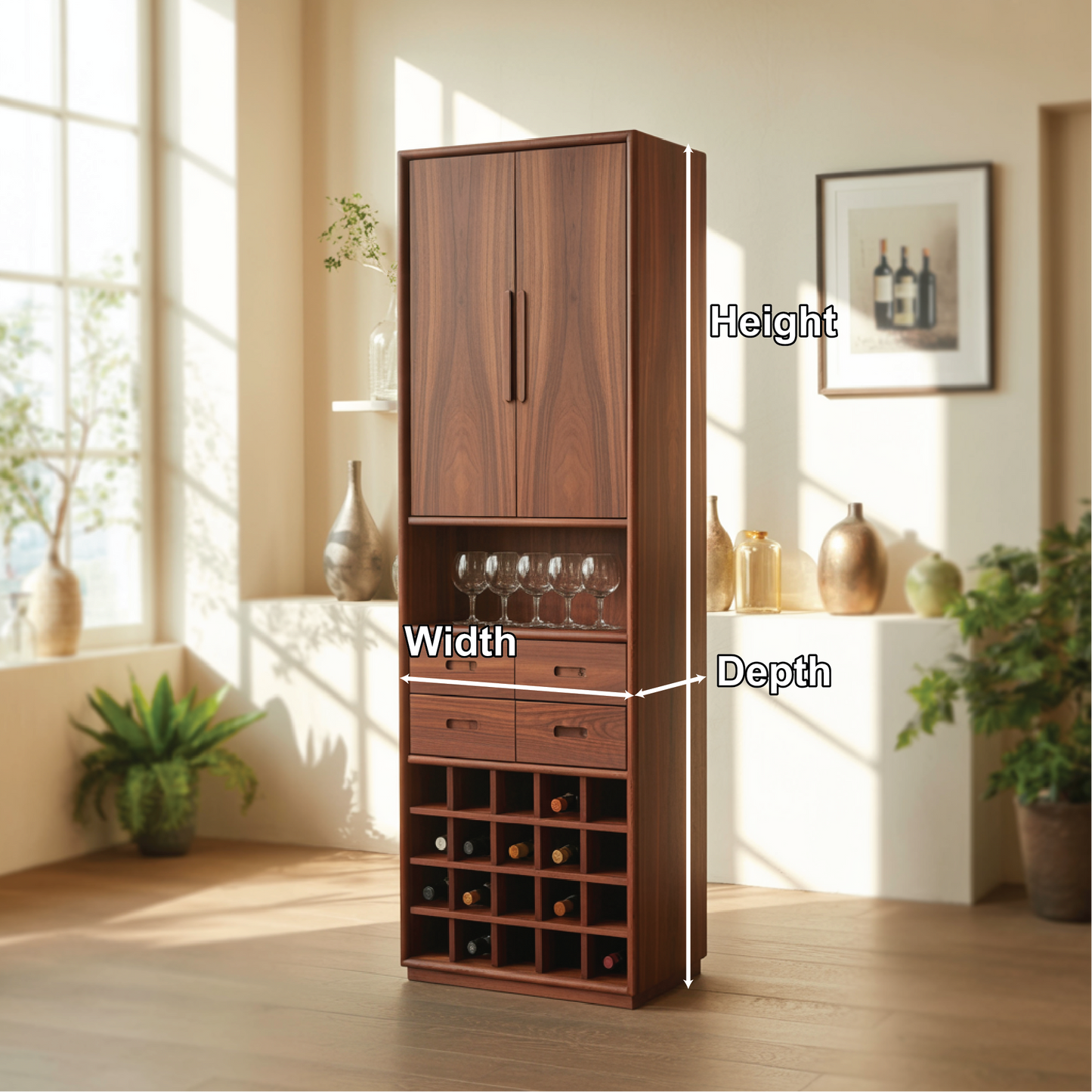 Handcrafted Solid Wood Dining Cabinet with Tall Doors, Wine Storage Grid and Four Drawers Kitchnce