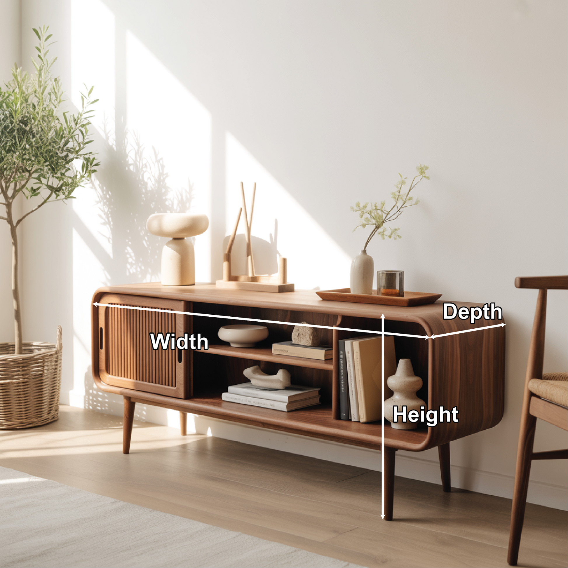 Solid Wood Console Table with Sliding Door – Handcrafted Mid-Century Storage & Display Shelf Kitchnce